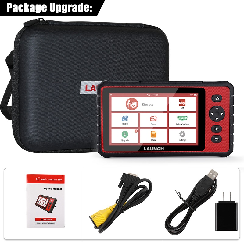 Package list: 1 x Creader909 Android Tablet, 1 x OBD-II Diagnostic Cable, 1 x DC Power Charging Cable, 1 x User Manual, 1 x Nylon bag or plastic box