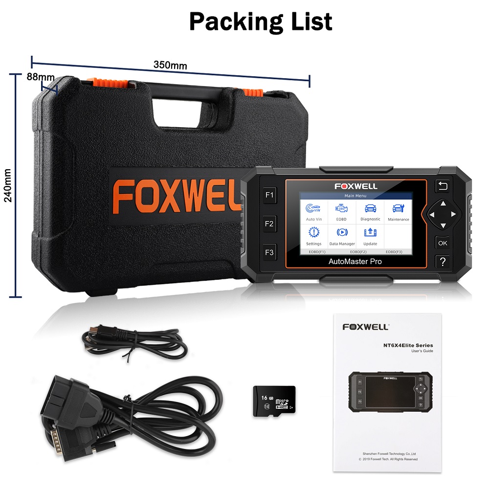 Foxwell NT624 Elite Package List: 1 x Foxwell NT624 OBD2 Diagnostic-Tool, 1 x User Manual, 1 x Memory Card, 1 x USB Cable, 1 x Diagnostic Cable, 1 x Blow Molding Case